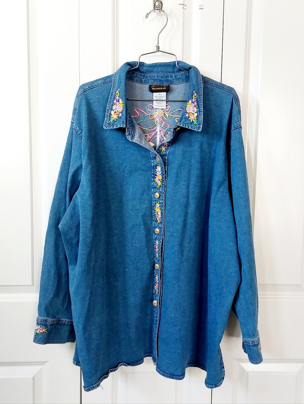 Maypole Spring Floral Embroidered Denim/Chambray Shirt 3X Bob Mackie May Day - Picture 2 of 7